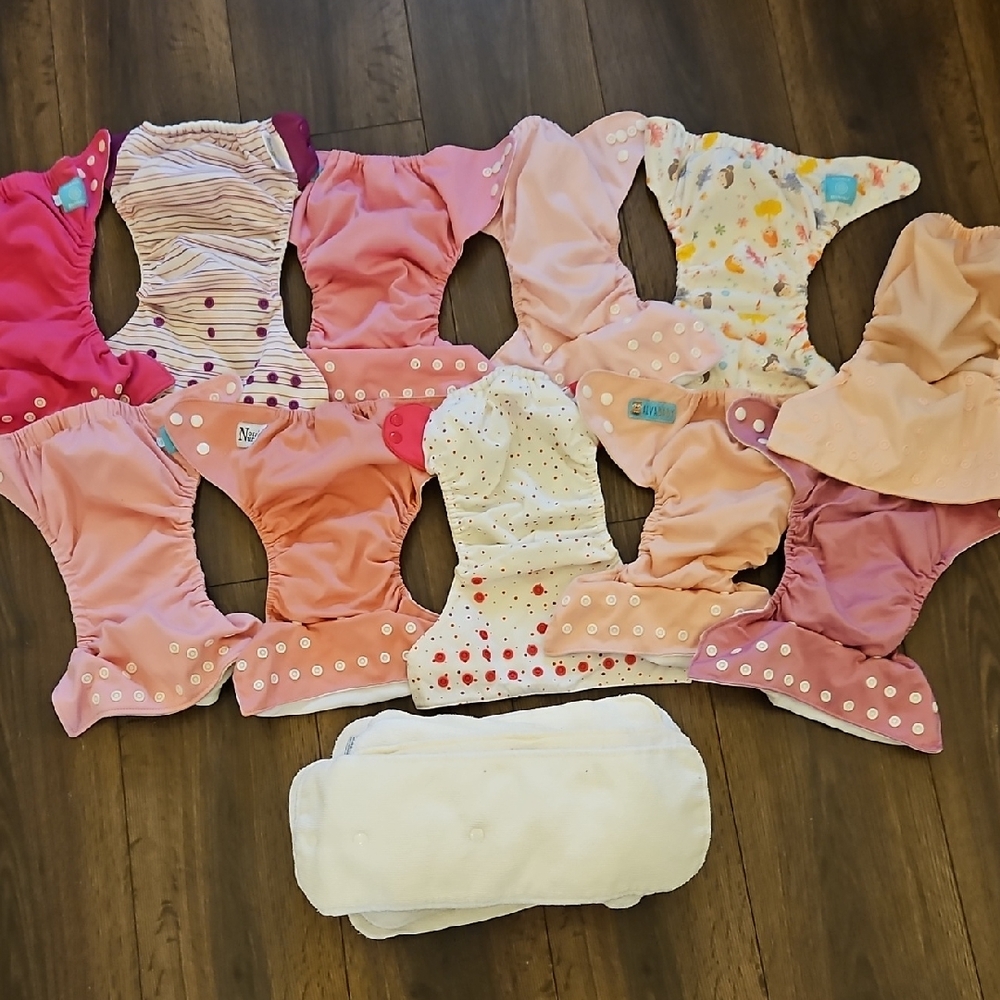 11 Cloth Diapers And 22 Liners Bundle, Pink And White Girls Cloth Diapers